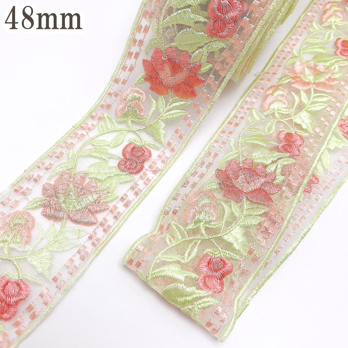 刺繍リボンパステルダブルエッジのガーリー花柄刺繍リボン幅48mm10cm単位切り売り(40cm以上)