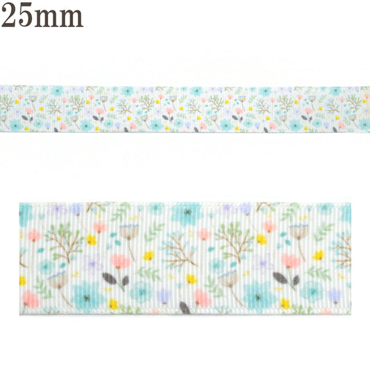 プリントリボン涼し気ガーリー花柄リボン幅25mm1m単位切り売り(3m以上)