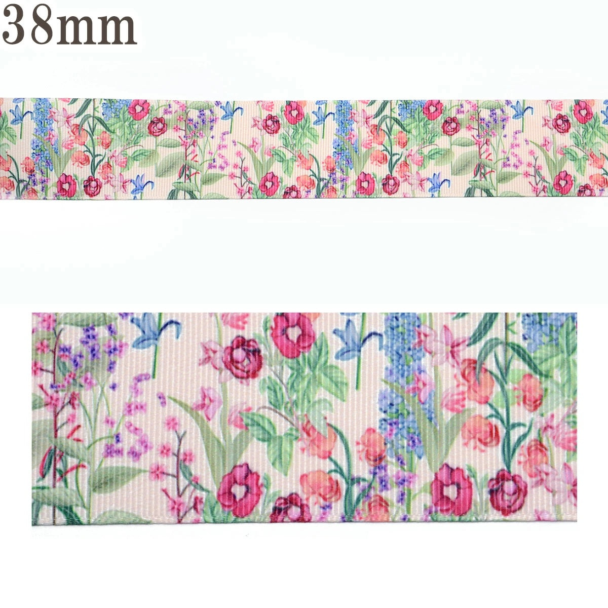 プリントリボンピンクのガーデンリボン幅38mm1m単位切り売り(3m以上)
