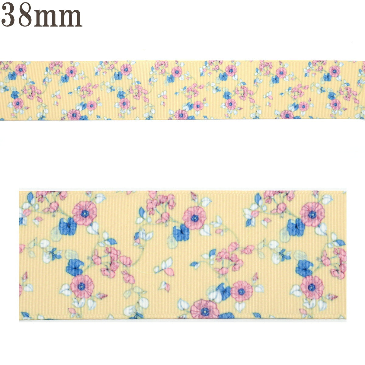 プリントリボンイエローカラーのクラシカル花柄リボン幅38mm1m単位切り売り「在庫限り」