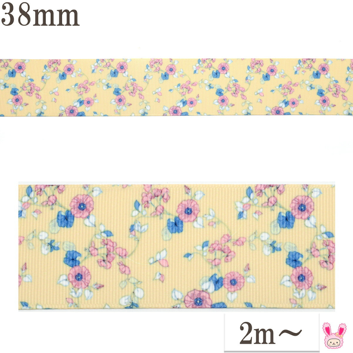 プリントリボンイエローカラーのクラシカル花柄リボン幅38mm1m単位切り売り(2m以上)「在庫限り」