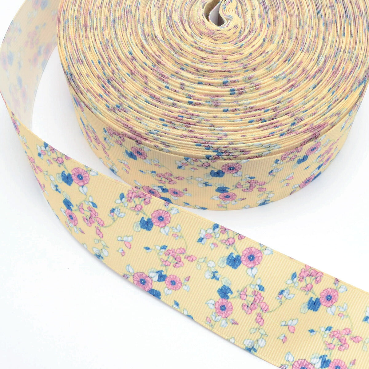 プリントリボンイエローカラーのクラシカル花柄リボン幅38mm1m単位切り売り「在庫限り」