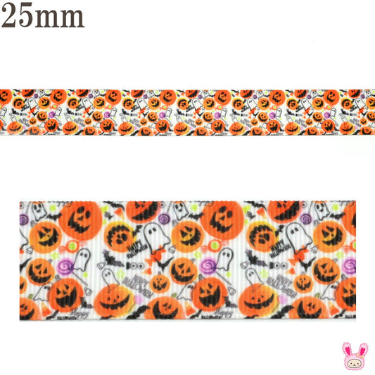 プリントリボンハロウィンまんまる笑うカボチャとオバケのPOPリボン幅25mm1m単位切り売り(3m以上)