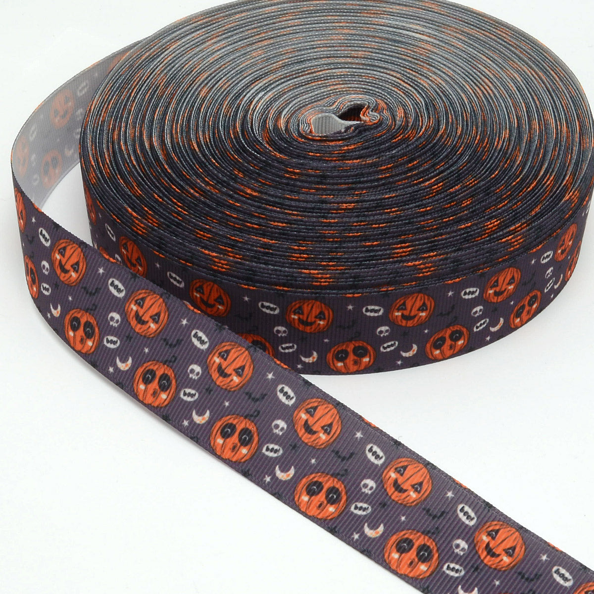 プリントリボンハロウィンダークグレーな夜と笑うカボチャリボン幅25mm1m単位切り売り(2m以上)「在庫限り」