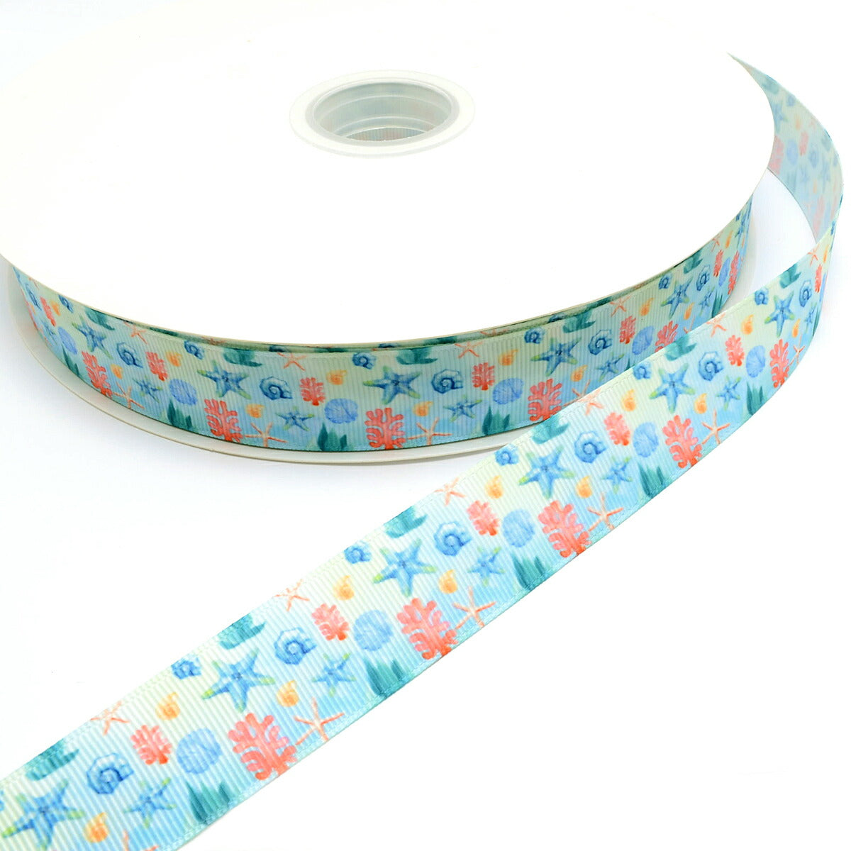 プリントリボン海底のサンゴと貝柄リボン幅25mm1m単位切り売り(3m以上)