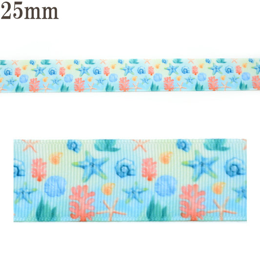 プリントリボン海底のサンゴと貝柄リボン幅25mm1m単位切り売り(3m以上)