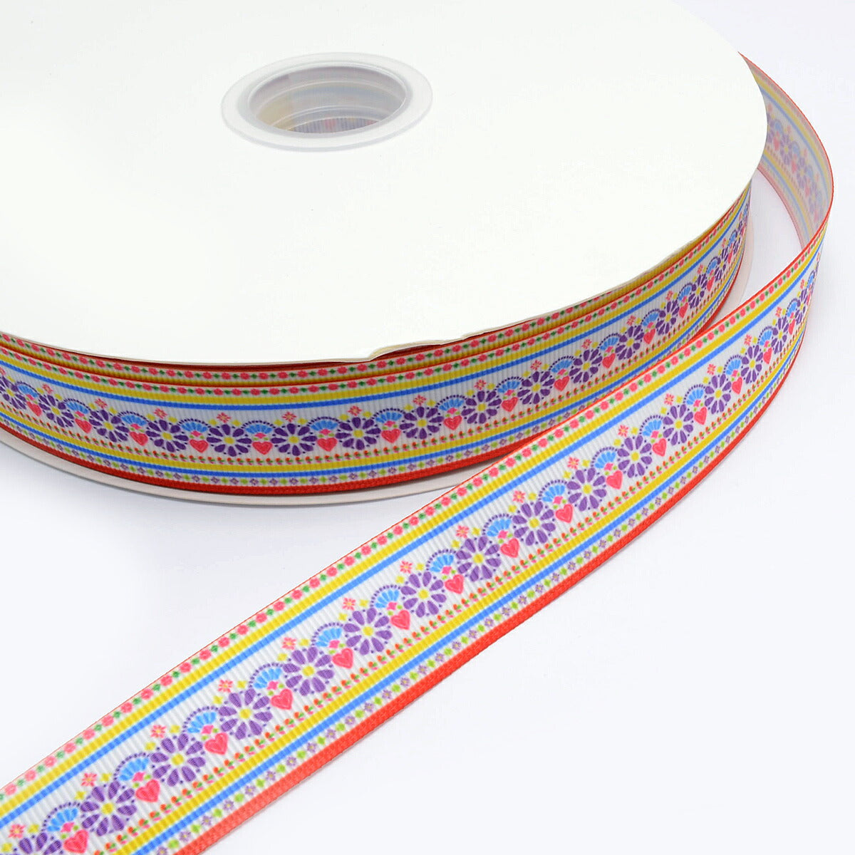 プリントリボンパープルフラワーとハートのラインリボン幅25mm1m単位切り売り(2m以上)「在庫限り」