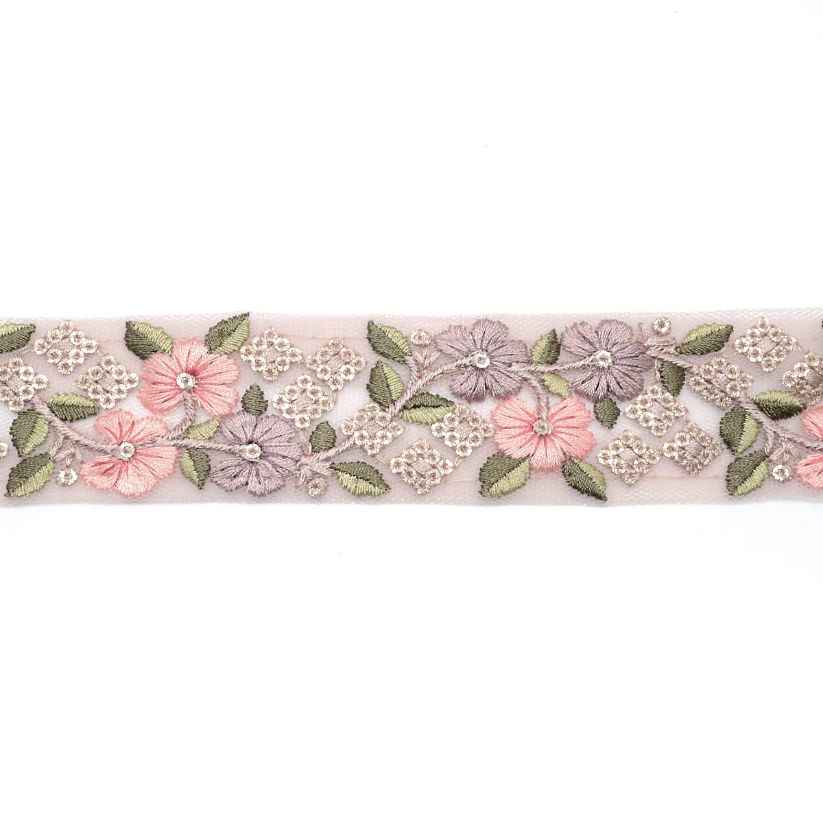 インド刺繍リボン　ひし形スパンコールと花柄シアー刺繍リボン　幅35mm　10cm単位　切り売り　(30cm以上)　「在庫限り」