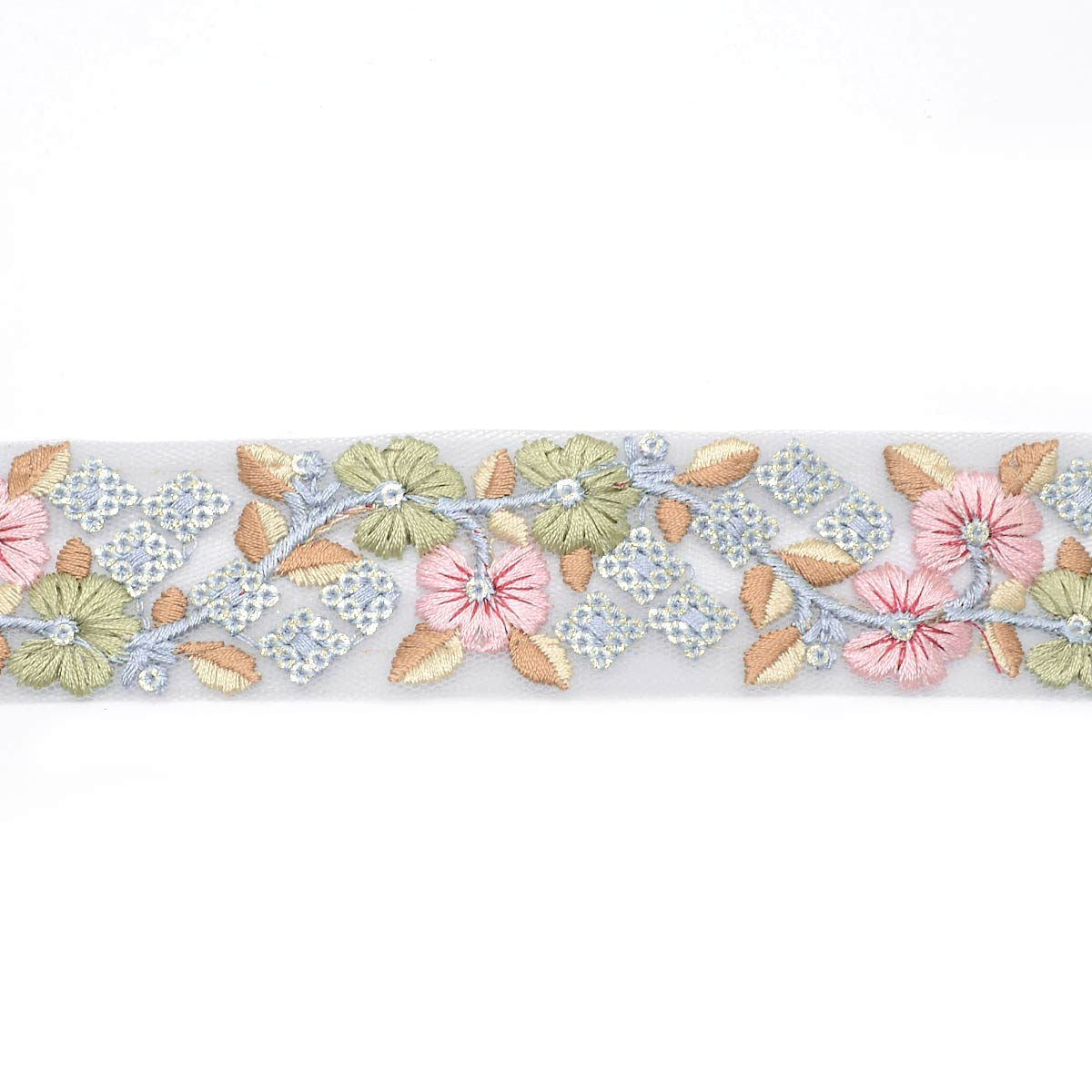 インド刺繍リボン　ひし形スパンコールと花柄シアー刺繍リボン　幅35mm　10cm単位　切り売り　(30cm以上)　「在庫限り」