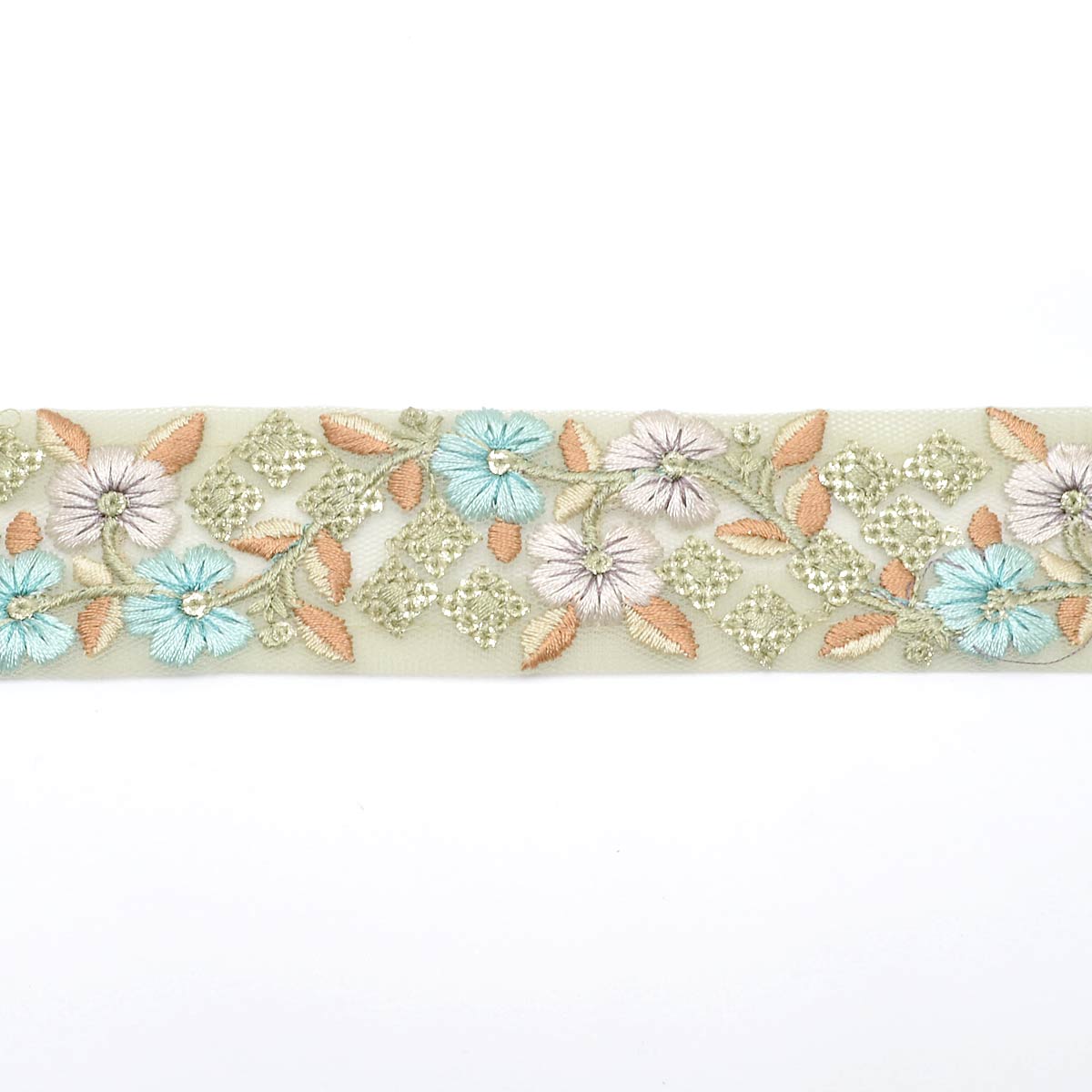 インド刺繍リボン　ひし形スパンコールと花柄シアー刺繍リボン　幅35mm　10cm単位　切り売り　(30cm以上)　「在庫限り」
