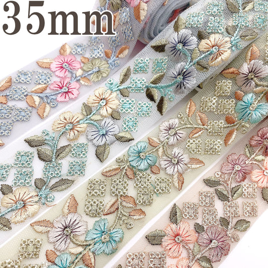 インド刺繍リボンひし形スパンコールと花柄シアー刺繍リボン幅35mm10cm単位切り売り(30cm以上)「在庫限り」