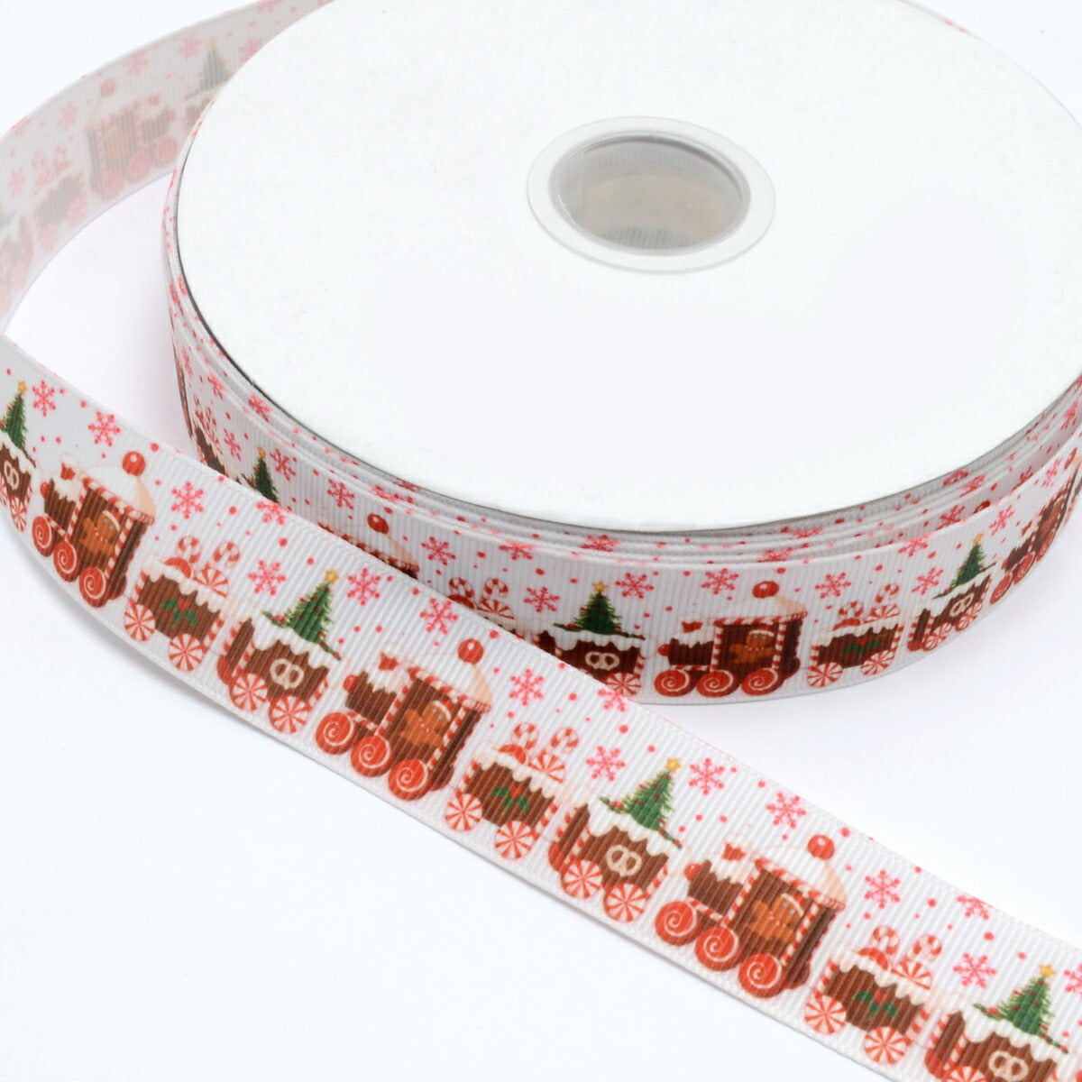プリントリボンクリスマスジャーマンクッキーとお菓子の列車リボン幅25mm1m単位切り売り(2m以上)