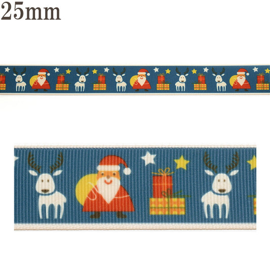 プリントリボンクリスマスくすみブルーとトナカイ＆サンタさんリボン幅25mm1m単位切り売り(3m以上)