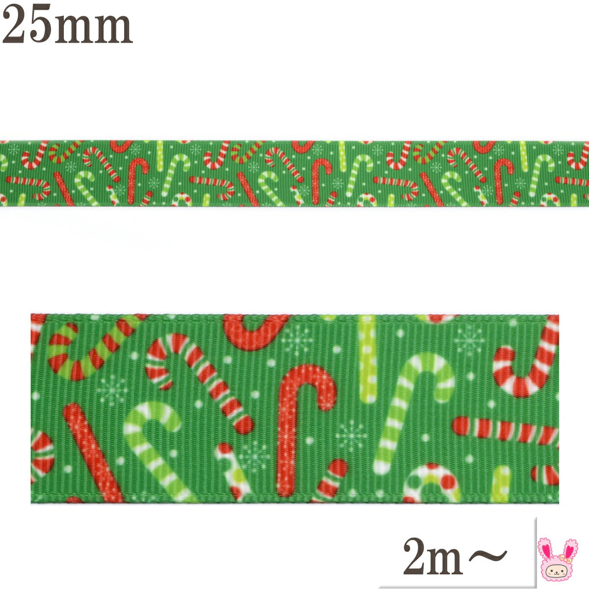 プリントリボンクリスマスクリスマス模様のキャンディ杖リボン幅25mm1m単位切り売り(2m以上)★