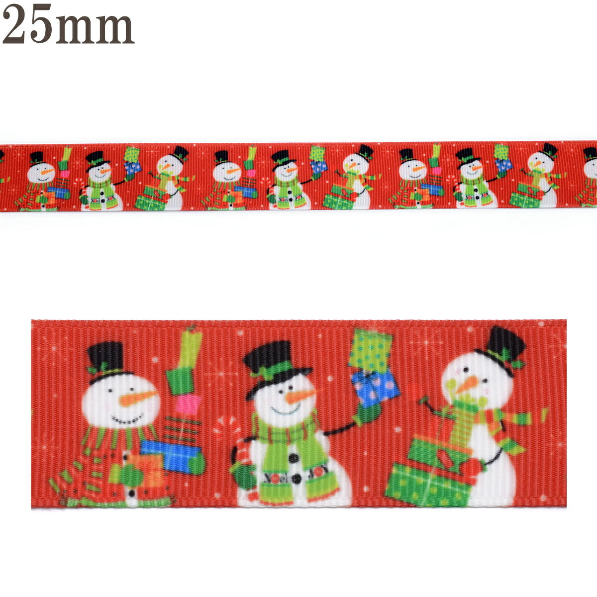 プリントリボンクリスマス雪だるまとクリスマスパーティーリボン幅25mm1m単位切り売り(3m以上)