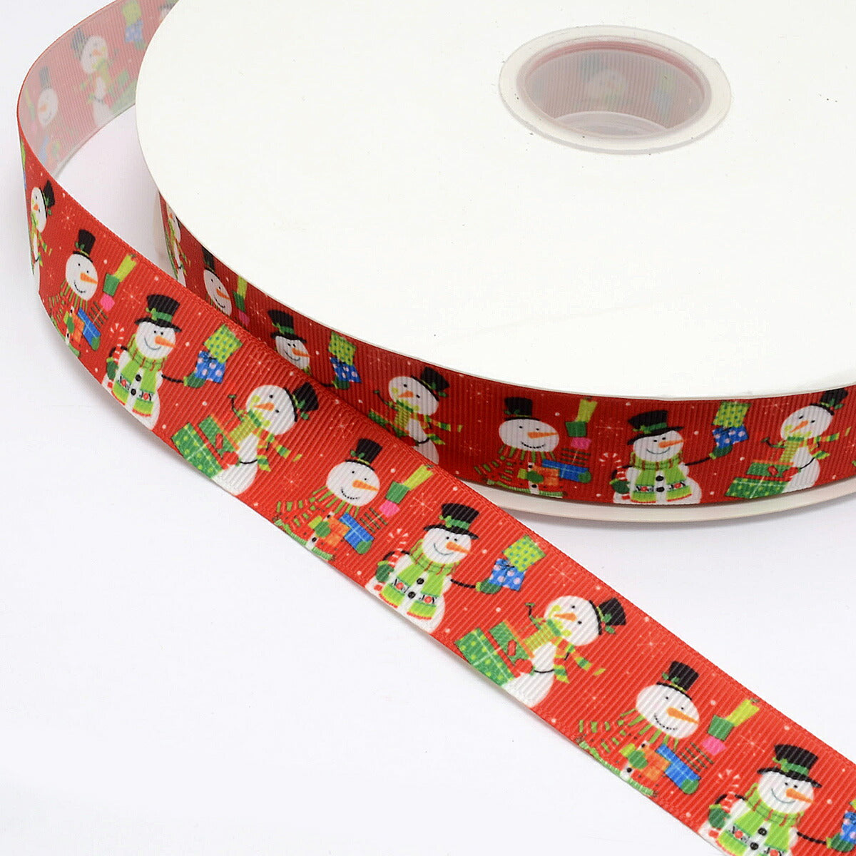 プリントリボンクリスマス雪だるまとクリスマスパーティーリボン幅25mm1m単位切り売り(3m以上)
