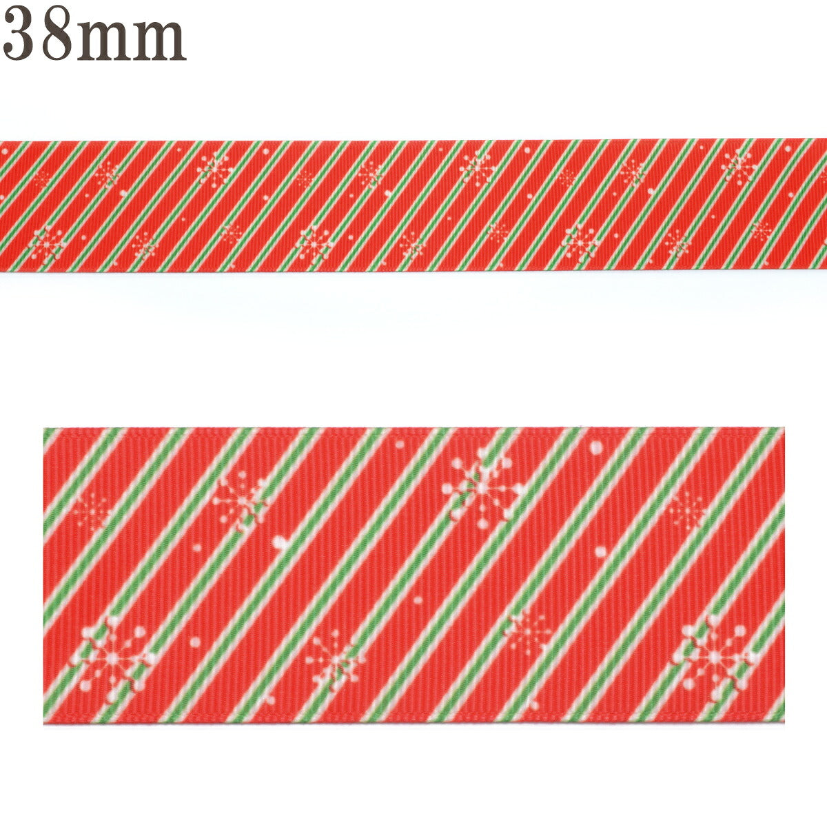 プリントリボンクリスマス細ストライプと白い雪の結晶リボン幅38mm1m単位切り売り(2m以上)