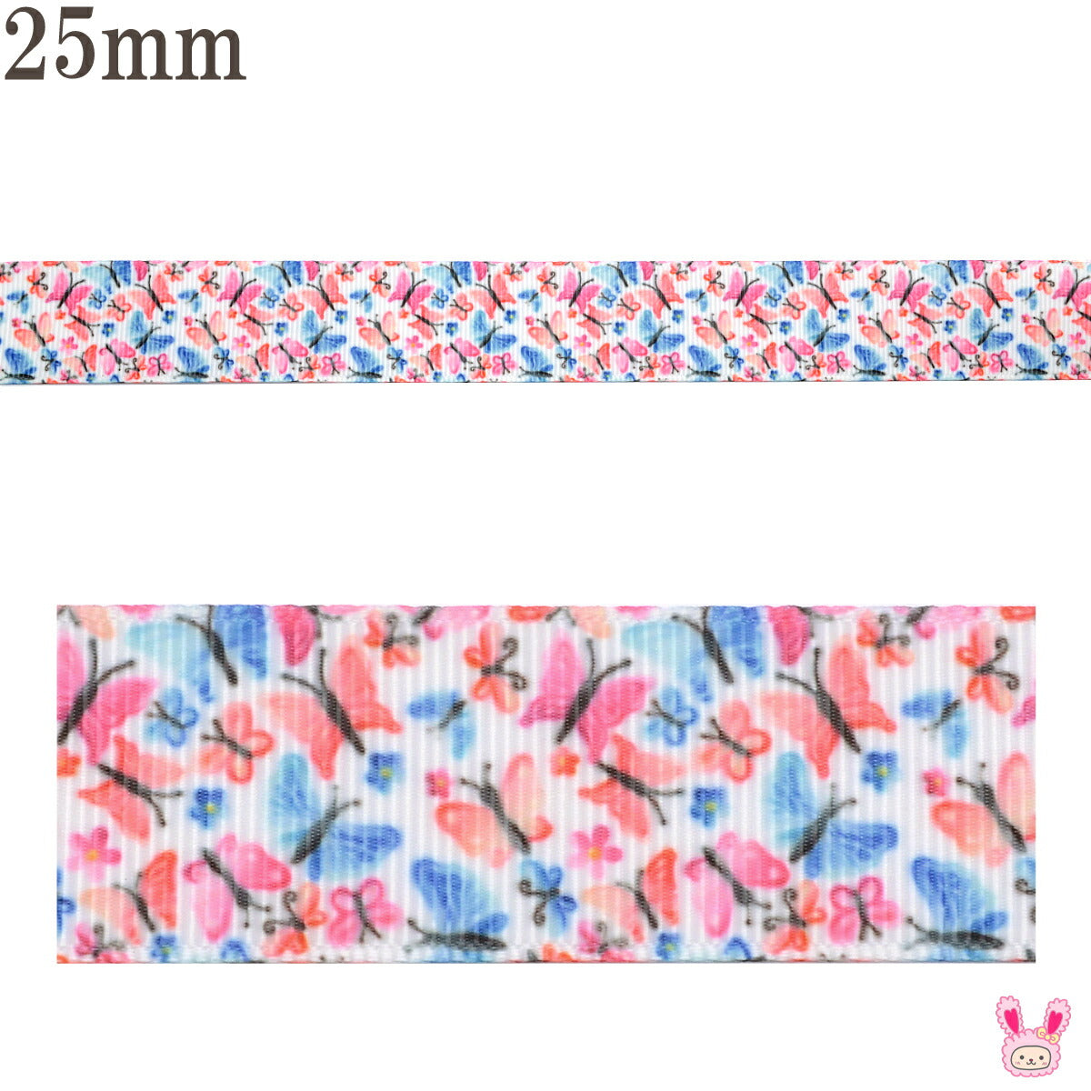 プリントリボン赤と青の蝶々パラダイスリボン幅25mm1m単位切り売り(3m以上)「在庫限り」