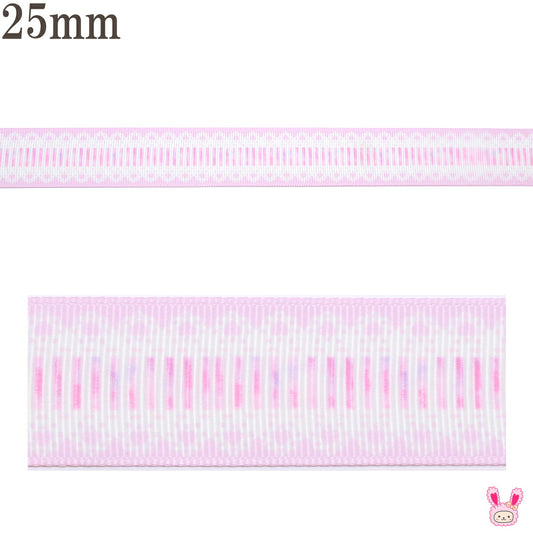 プリントリボンゆめかわピンクと白のレース窓リボン幅25mm1m単位切り売り(2m以上)「在庫限り」