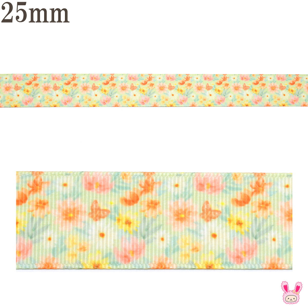 プリントリボンうららかな花畑とオレンジ蝶々リボン幅25mm1m単位切り売り(2m以上)★