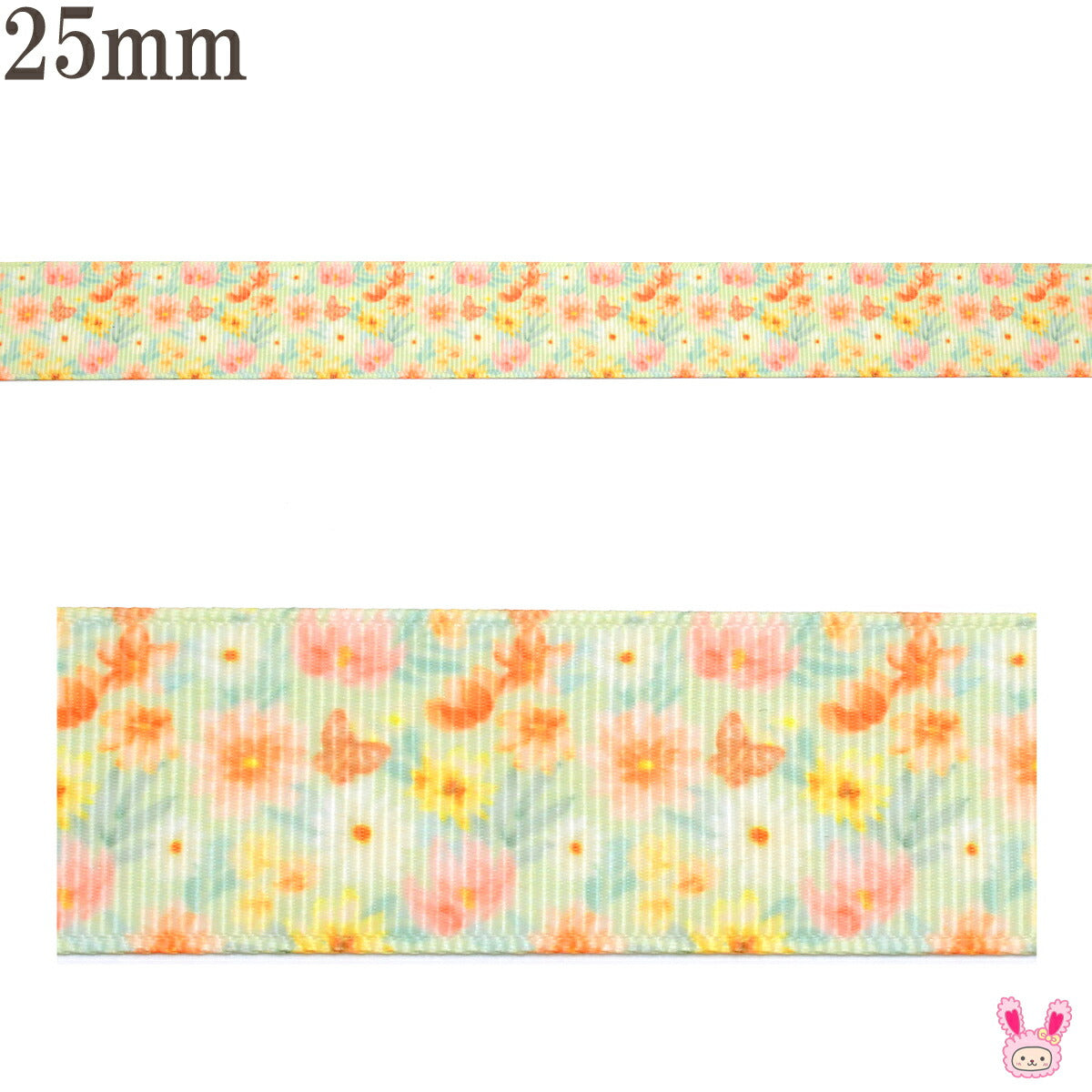 プリントリボンうららかな花畑とオレンジ蝶々リボン幅25mm1m単位切り売り(2m以上)★