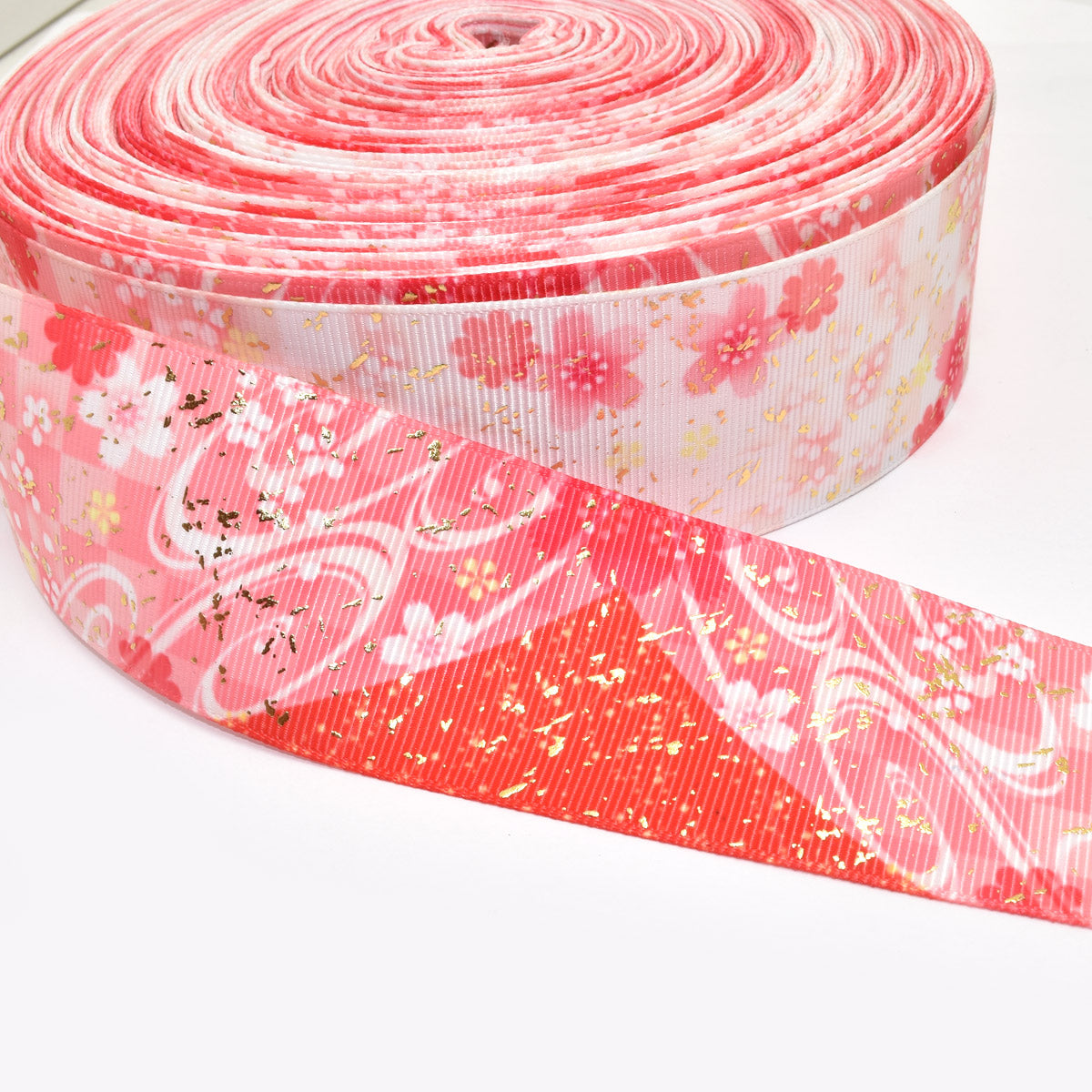 プリントリボン　箔押し赤い山と桜とチェックリボン　幅38mm　1m単位　切り売り　(2m以上)