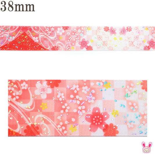 プリントリボン箔押し赤い山と桜とチェックリボン幅38mm1m単位切り売り(2m以上)