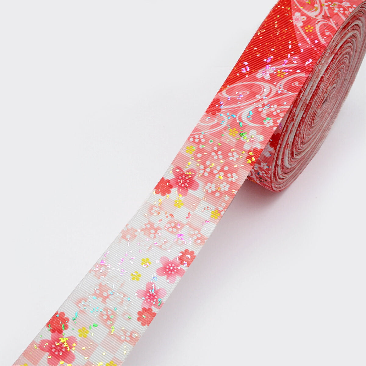 プリントリボン箔押し赤い山と桜とチェックリボン幅38mm1m単位切り売り(2m以上)