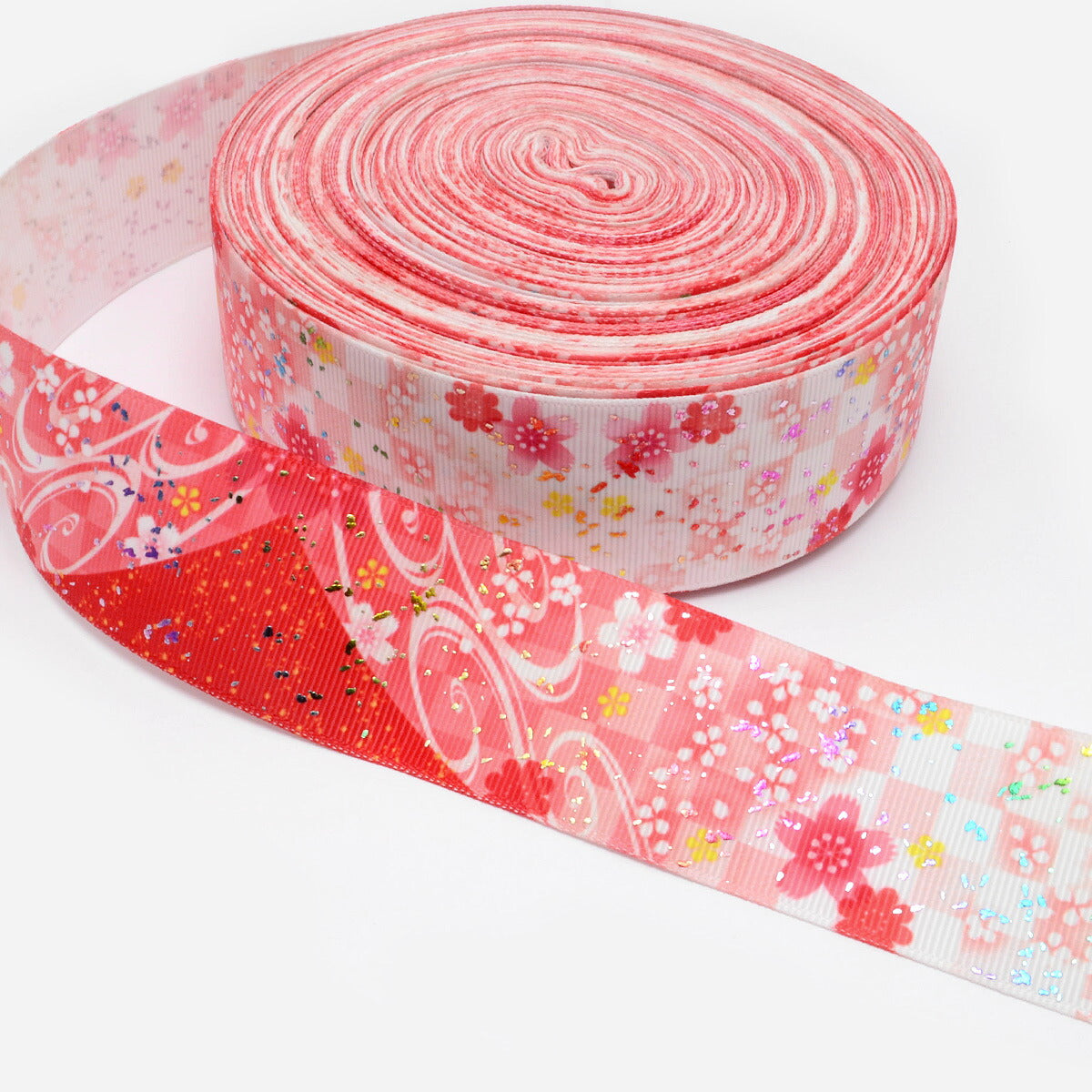 プリントリボン箔押し赤い山と桜とチェックリボン幅38mm1m単位切り売り(2m以上)