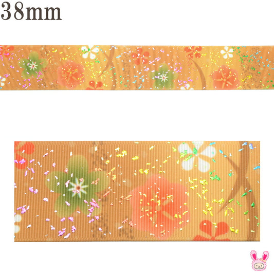 プリントリボン箔押し香る梅の花リボン幅38mm1m単位切り売り(2m以上)