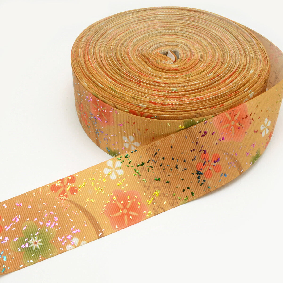プリントリボン箔押し香る梅の花リボン幅38mm1m単位切り売り(2m以上)