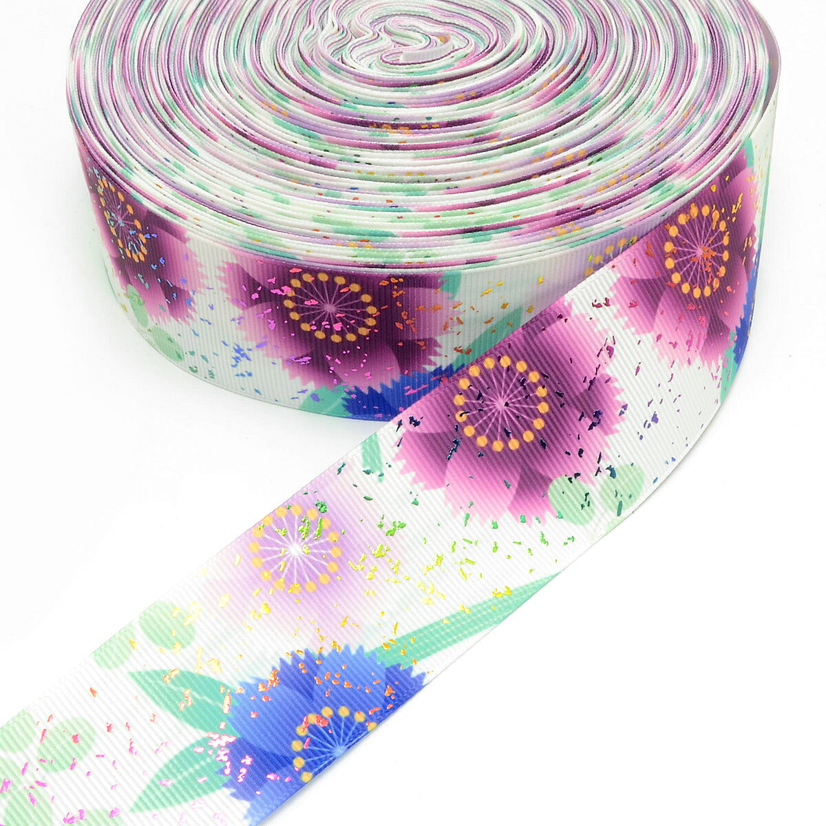 プリントリボン 箔押し爽やかな葉と上品な花柄リボン 幅38mm 1m単位