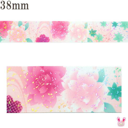 プリントリボン箔押し水面の蓮の花リボン幅38mm1m単位切り売り(2m以上)