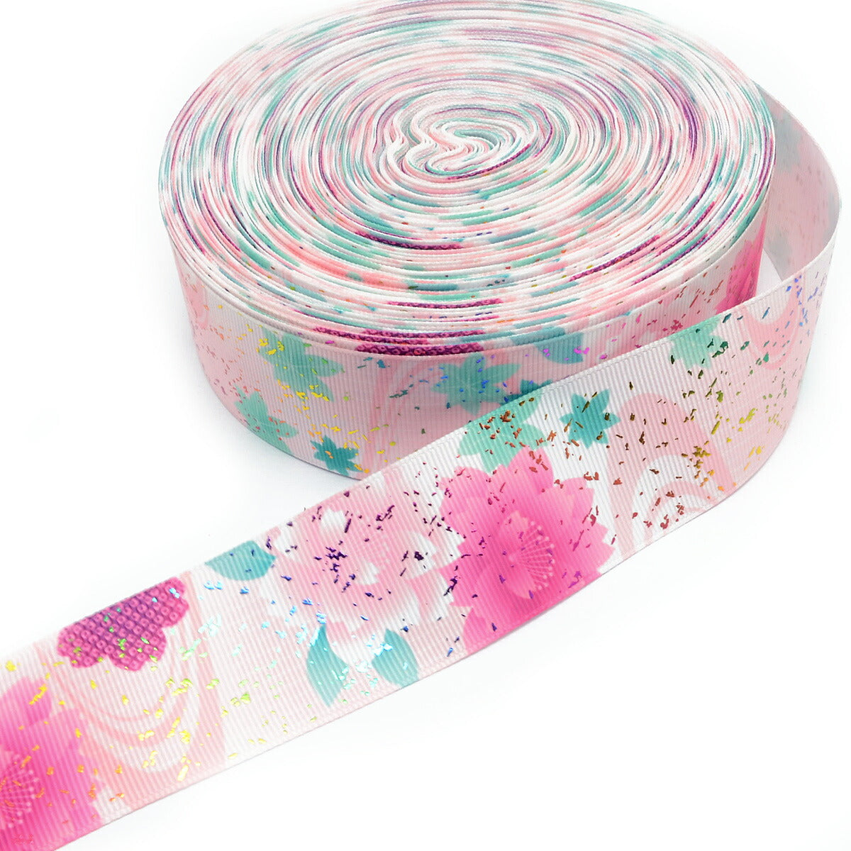 プリントリボン箔押し水面の蓮の花リボン幅38mm1m単位切り売り(2m以上)