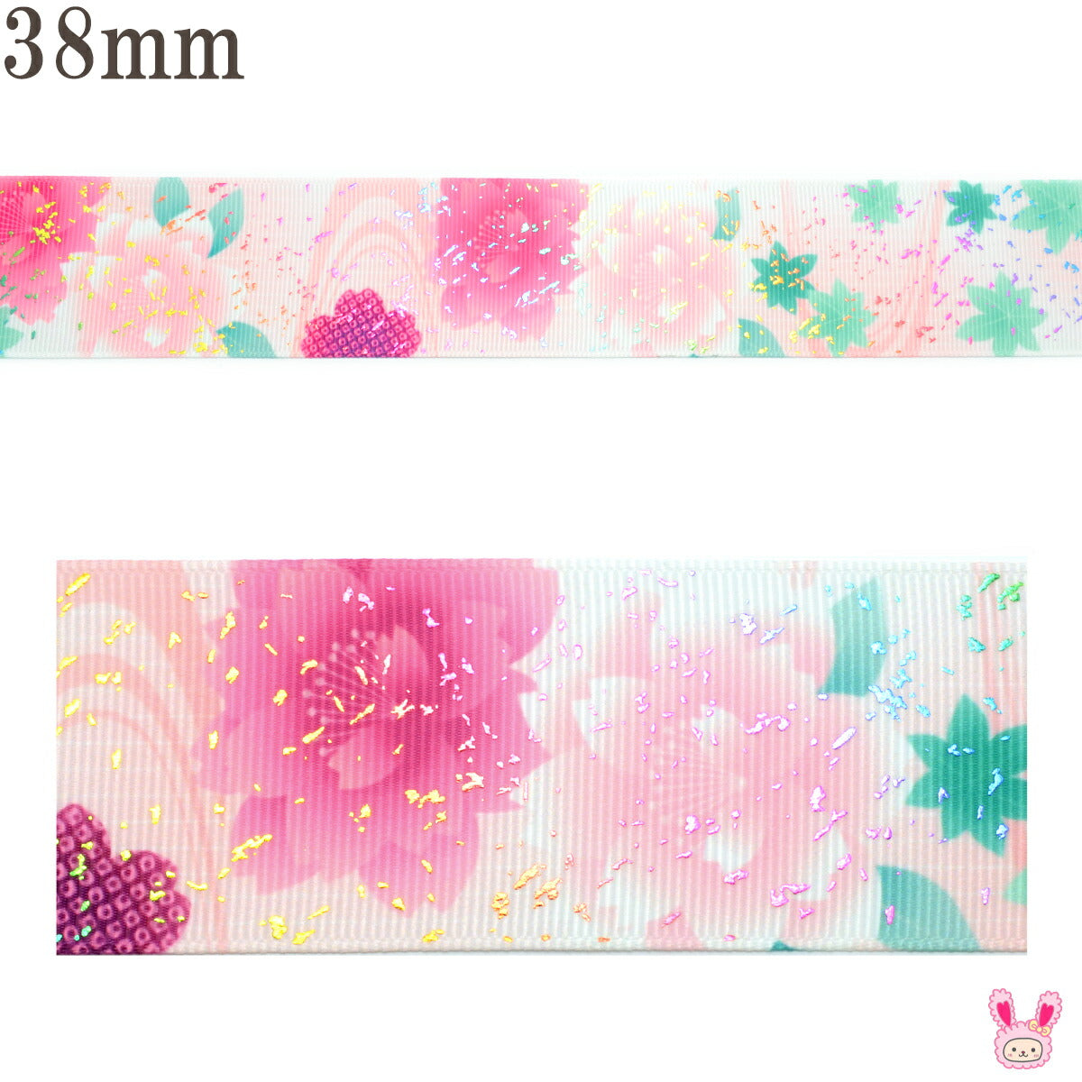 プリントリボン箔押し水面の蓮の花リボン幅38mm1m単位切り売り(2m以上)