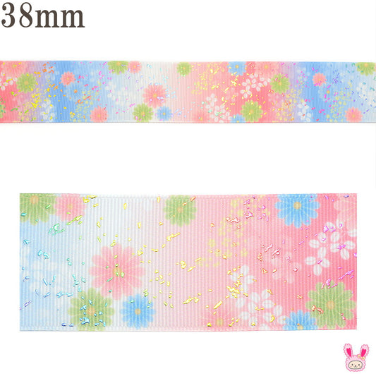 プリントリボン箔押しピンクと水色と踊る花リボン幅38mm1m単位切り売り(2m以上)