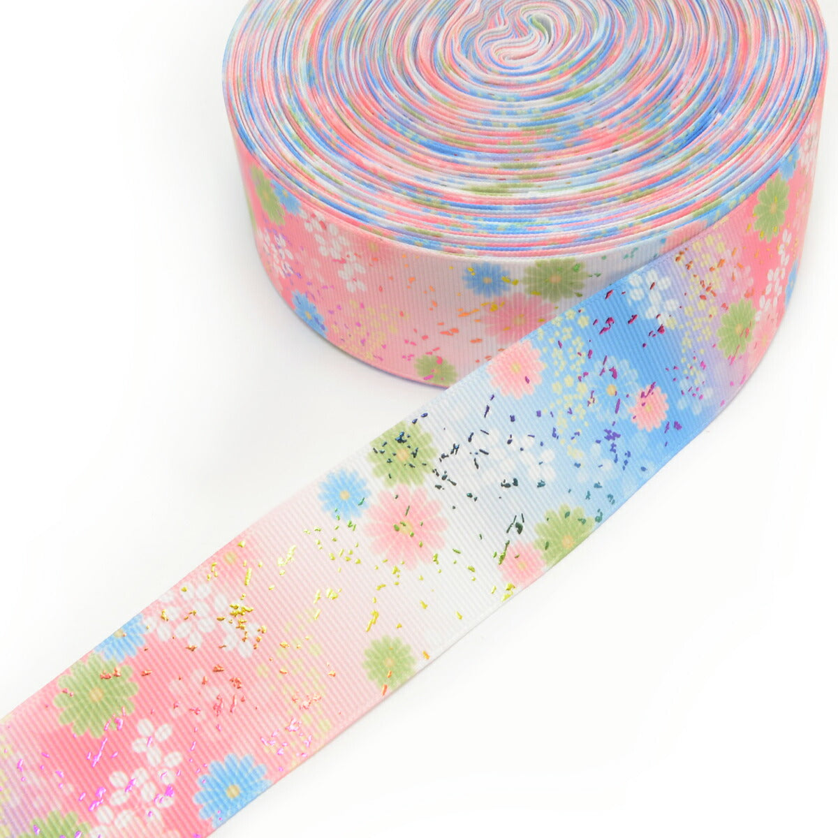 プリントリボン箔押しピンクと水色と踊る花リボン幅38mm1m単位切り売り(2m以上)