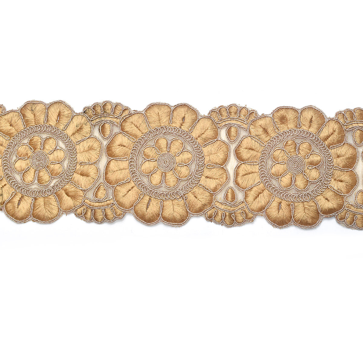 インド刺繍リボン　ゴールドラメ糸と上品な花型刺繍リボン　幅80mm　約8cm単位　切り売り　(数量2以上)　「在庫限り」