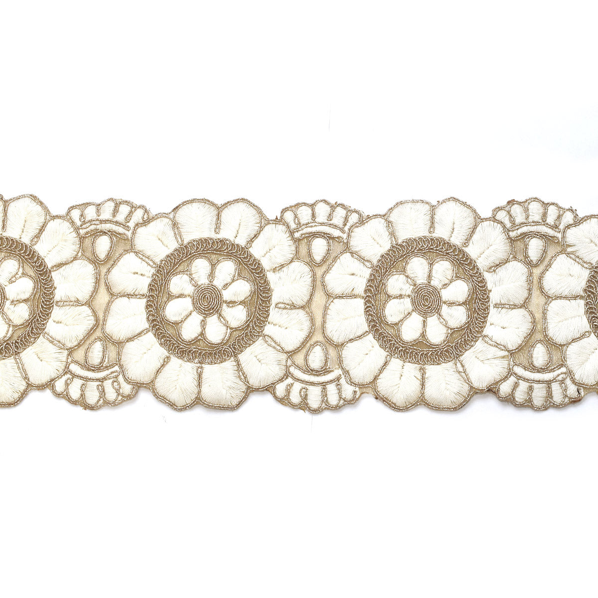 インド刺繍リボン　ゴールドラメ糸と上品な花型刺繍リボン　幅80mm　約8cm単位　切り売り　(数量2以上)　「在庫限り」