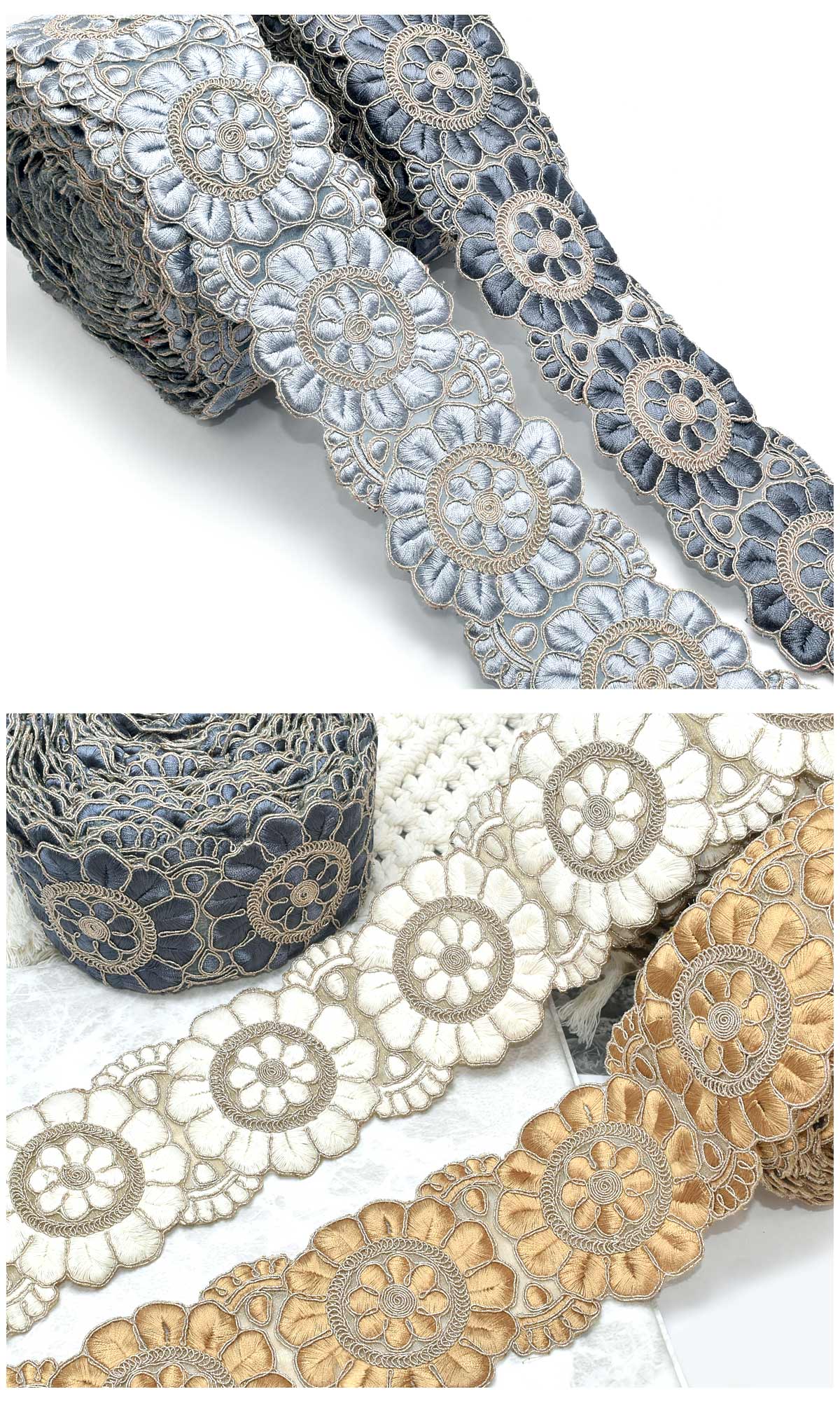 インド刺繍リボンゴールドラメ糸と上品な花型刺繍リボン幅80mm約8cm単位切り売り(数量2以上)「在庫限り」
