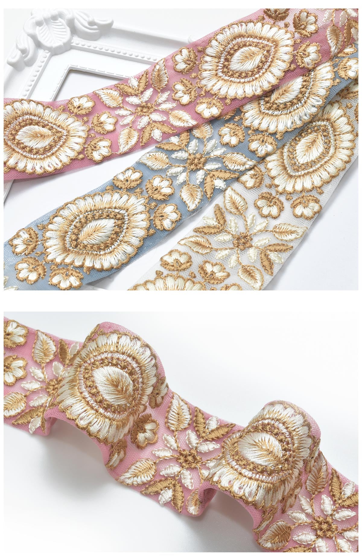 インド刺繍リボン上品な葉と花の刺繍リボン幅40mm10cm単位切り売り(20cm以上)「在庫限り」