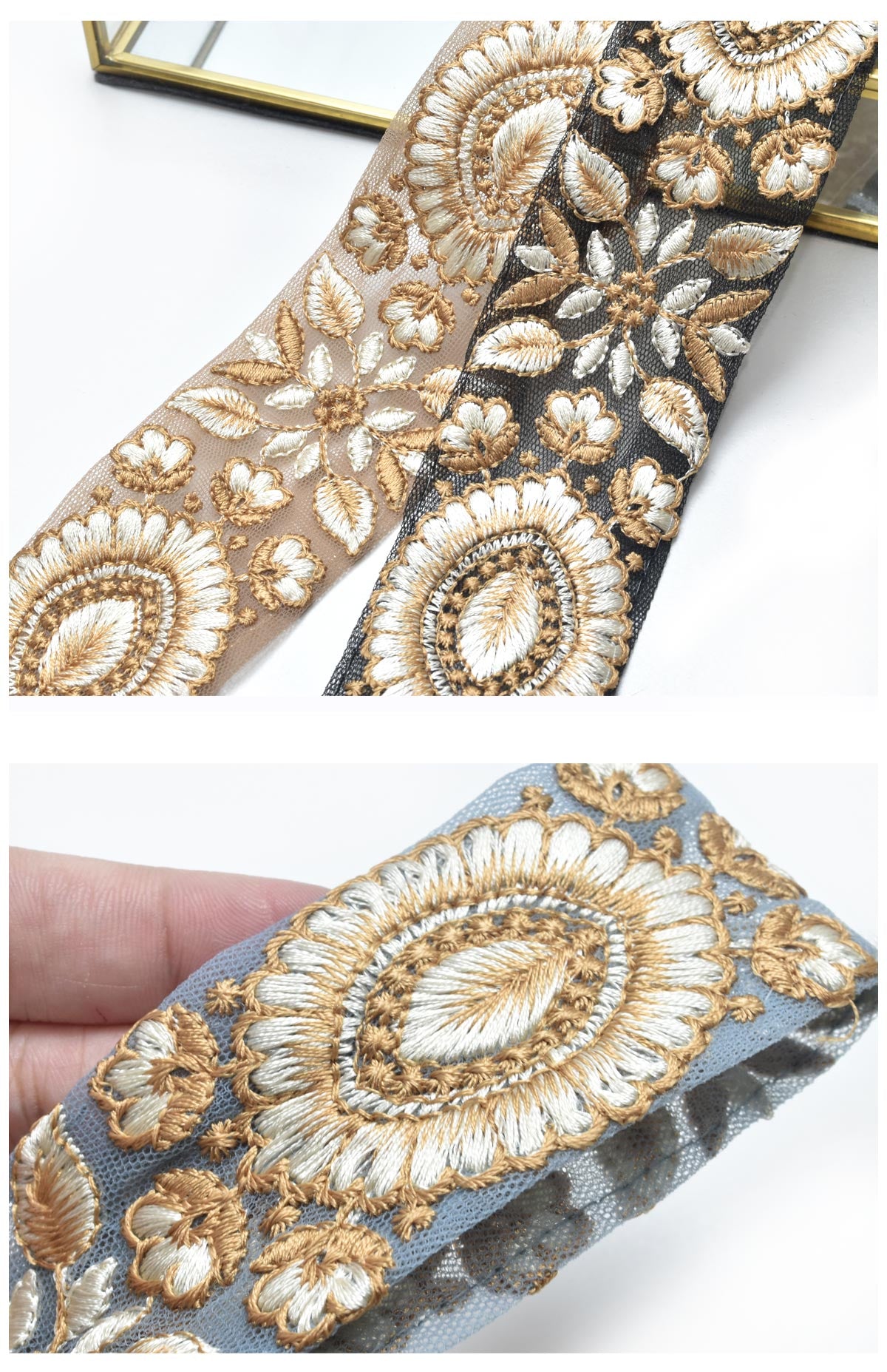 インド刺繍リボン上品な葉と花の刺繍リボン幅40mm10cm単位切り売り(20cm以上)「在庫限り」