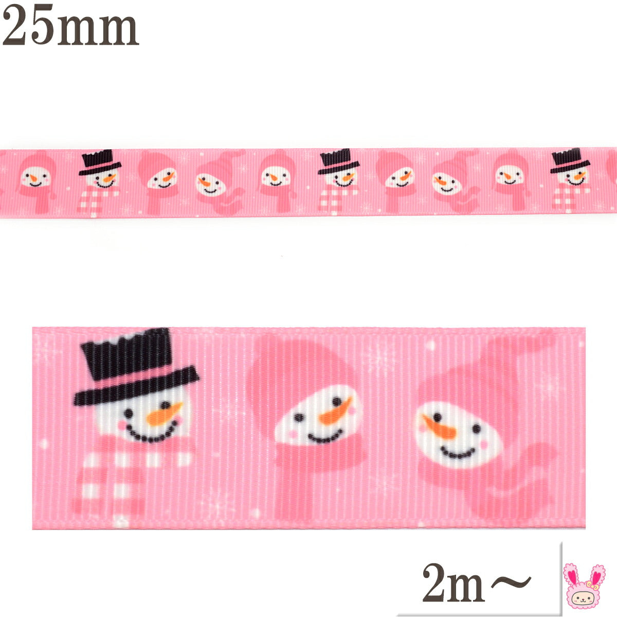 プリントリボンクリスマスお喋り雪だるまのピンクリボン幅25mm1m単位切り売り(2m以上)★