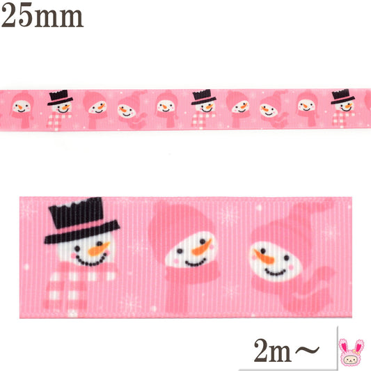 プリントリボンクリスマスお喋り雪だるまのピンクリボン幅25mm1m単位切り売り(2m以上)★