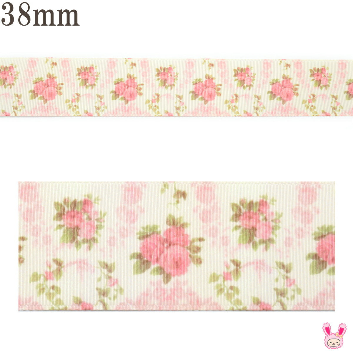 プリントリボン可憐なピンクの薔薇の花リボン幅38mm1m単位切り売り(2m以上)