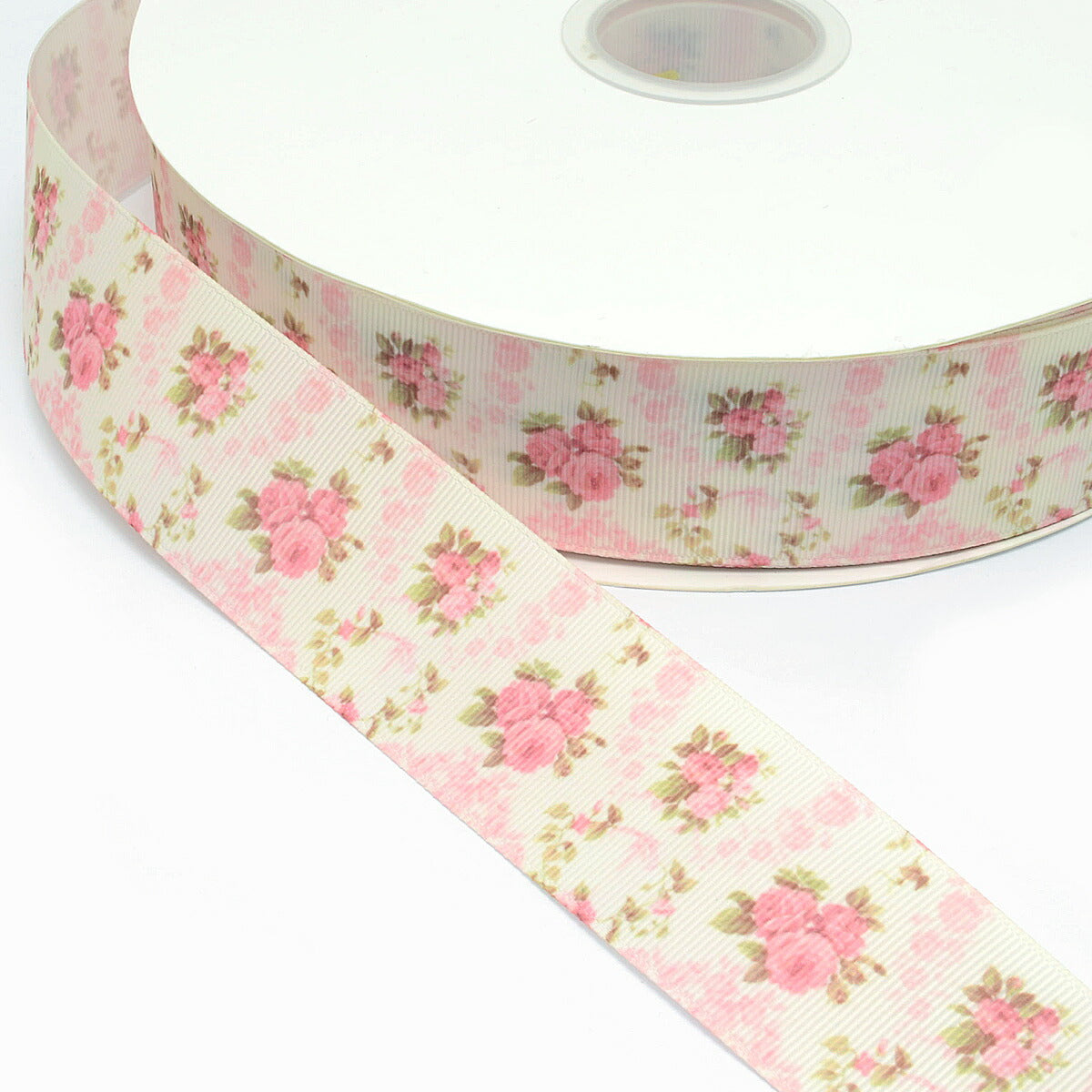 プリントリボン可憐なピンクの薔薇の花リボン幅38mm1m単位切り売り(2m以上)