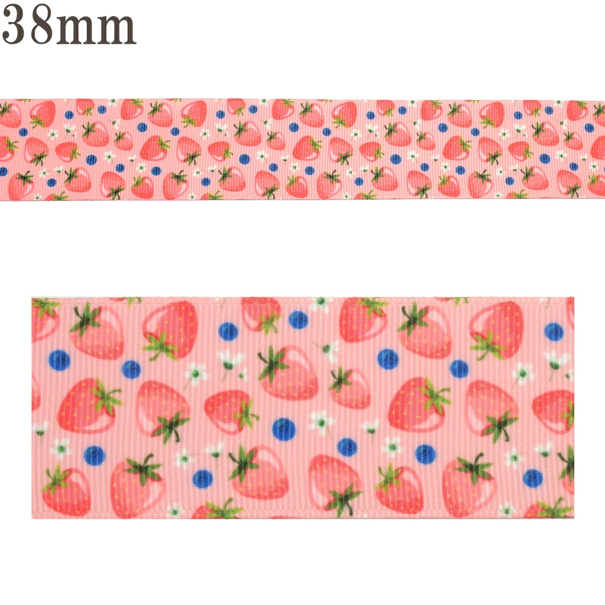 プリントリボン青いドットとミニミニ苺リボン幅38mm1m単位切り売り(2m以上)