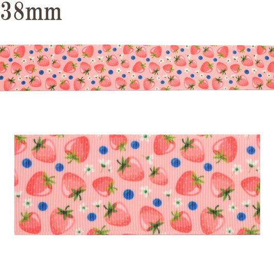 プリントリボン青いドットとミニミニ苺リボン幅38mm1m単位切り売り(2m以上)