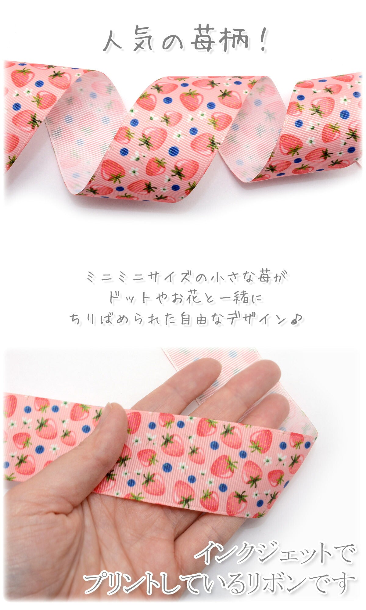 プリントリボン青いドットとミニミニ苺リボン幅38mm1m単位切り売り(2m以上)