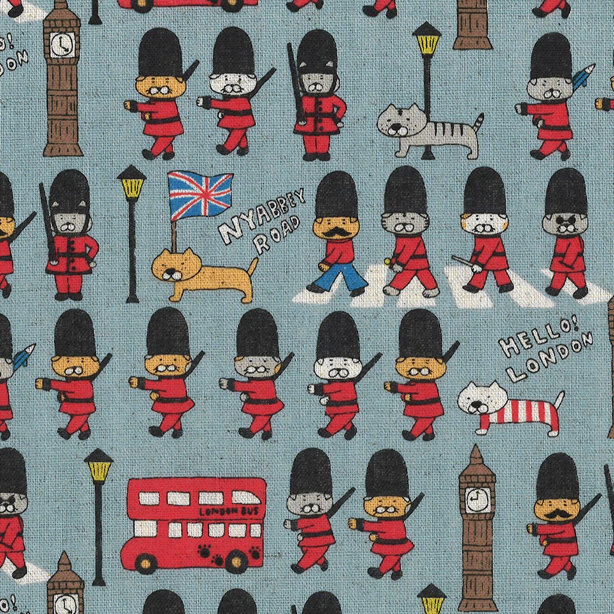 ネコ in London　綿麻キャンバス生地　KTS7026　コットンこばやし(30cm以上10cm単位切り売り) 「在庫限り」